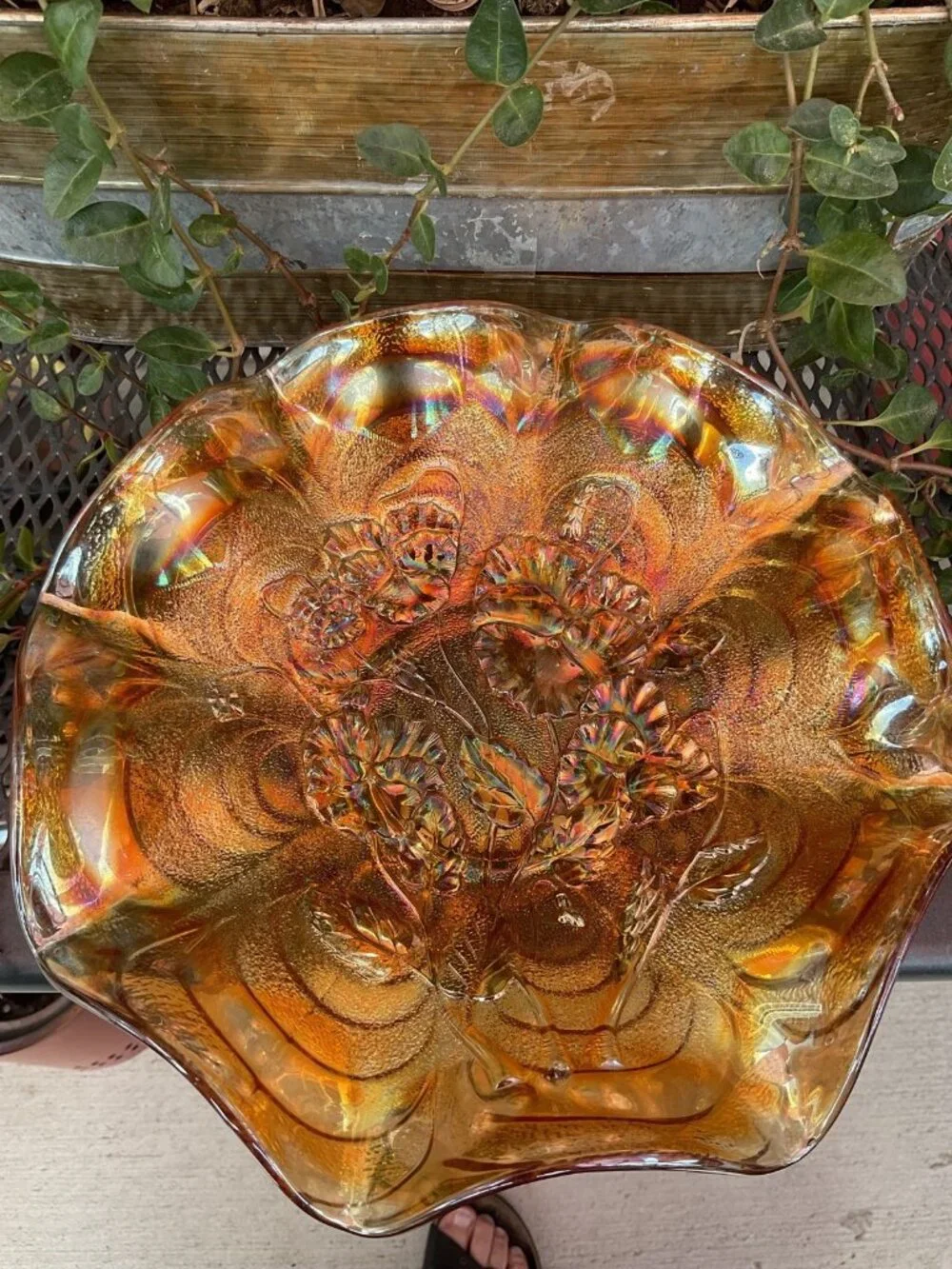 Vintage Fenton Orange Tree Marigold Carnival Ruffeled Bowl Iridescent Gold